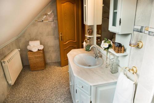 a bathroom with a sink and a shower in a room at Chalet de 6 habitaciones en la Sierra de Madrid El Olivo de Miraflores in Miraflores de la Sierra