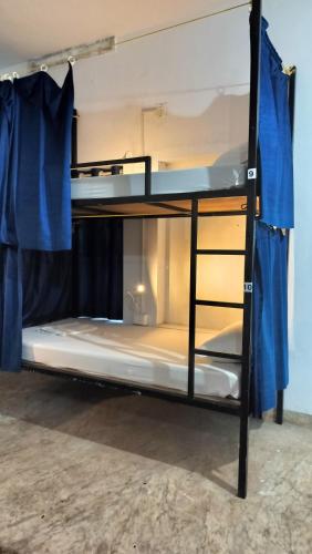 two bunk beds in a room with blue curtains at Hope Hostels, Varkala - Helipad in Varkala