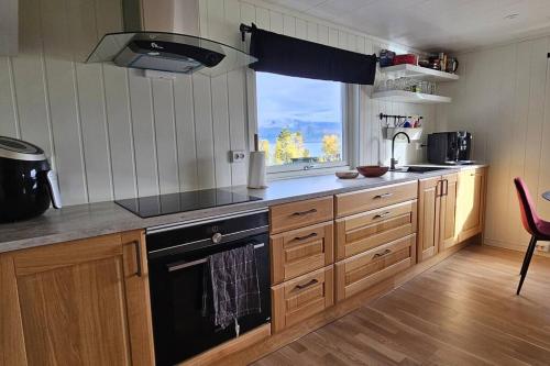 een keuken met een fornuis, een wastafel en een raam bij Peaceful small house by the sea in Tromsø
