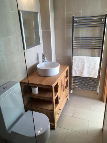 a bathroom with a sink and a toilet and a shower at Red Brick Barn in Sutton under Brailes