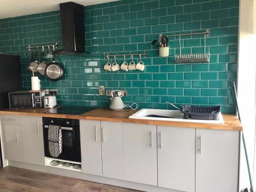 a kitchen with a sink and a green wall at Kilcloon Holiday Homes & Private Rooms in Maynooth