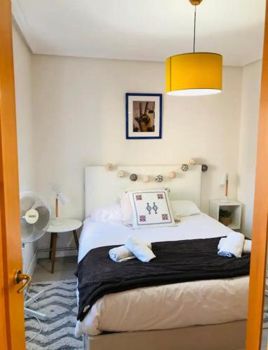 Un dormitorio con una cama grande y un baño. en Lovely port apártement, en San Sebastián