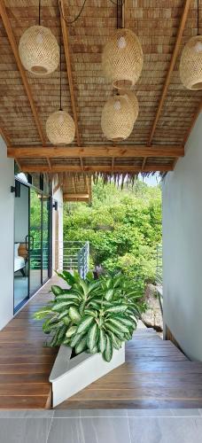 a room with a large plant on a wooden floor at Villa on the Rock - Luxury, Privacy, Pool, Sea View in Koh Phangan in Thong Sala