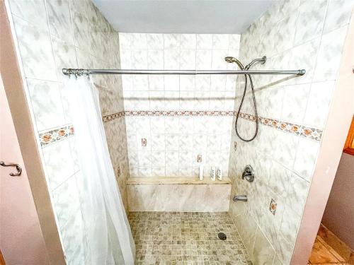 a bathroom with a shower with a shower curtain at The Loft inside The Roost in Jordan