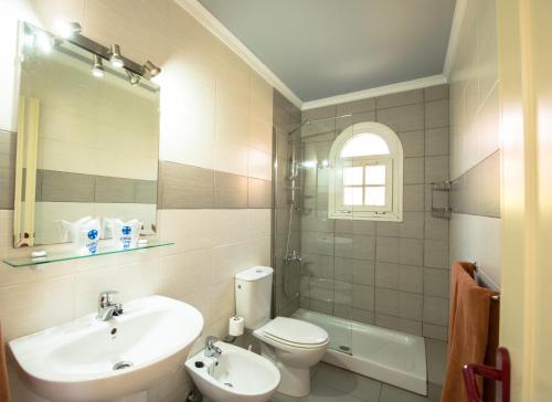 een badkamer met een wastafel, een toilet en een spiegel bij Apartamentos Tara in Maspalomas