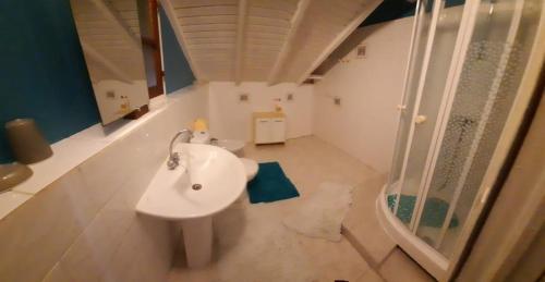 uma casa de banho com um lavatório branco e um chuveiro em Sunbeachparadise em Port-Louis