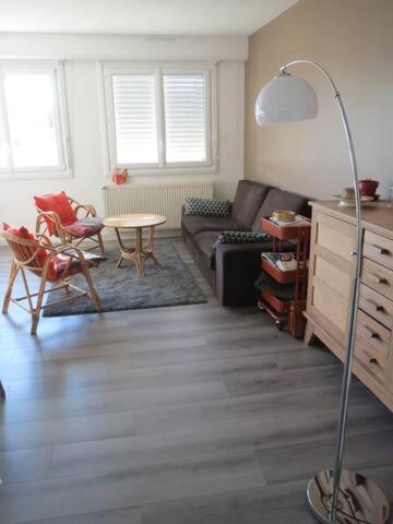 - un salon avec un canapé et une table dans l'établissement appartement calme centre ville, à Aleçon