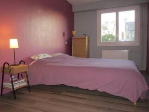 - une chambre avec un lit rose et une fenêtre dans l'établissement appartement calme centre ville, à Aleçon