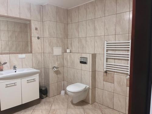 łazienka z toaletą i umywalką w obiekcie HOTEL MOTEL S5 w mieście Wąsosz
