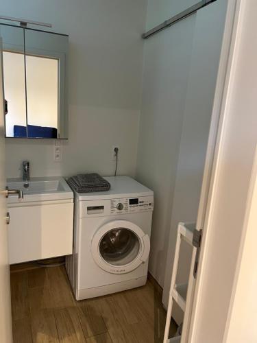 a laundry room with a washing machine and a sink at Les Cerisettes in Wavre