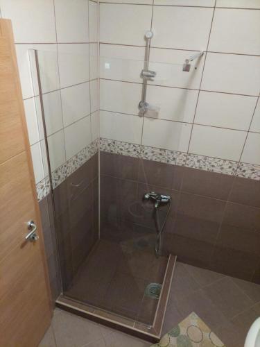 a shower with a glass door in a bathroom at Apartman Vid in Soko Banja