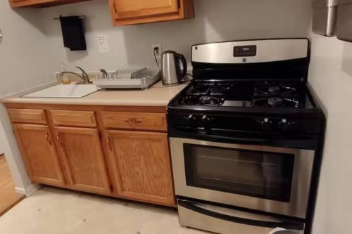 a kitchen with a stove and a sink at Luxury Double room in Williamsburg Ground floor Apartment near Subway in Brooklyn