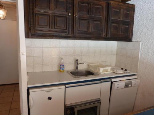 une cuisine avec un évier et des armoires en bois dans l'établissement Studio Les Seolanes Praloup, à Uvernet