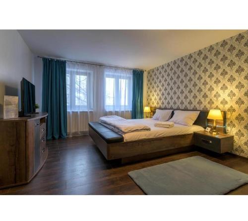 1 dormitorio con 1 cama y TV en Apartment Queen Bridge, en Sibiu