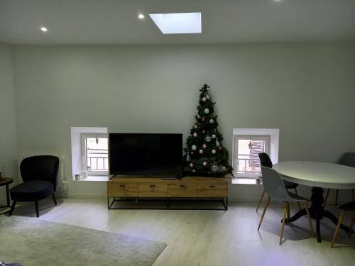 un soggiorno con albero di Natale e TV di Tres bel appartement a Condrieu