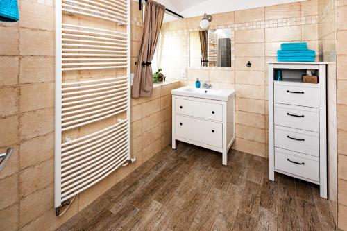 a bathroom with a sink and a mirror at Penzion Na Fojtství in Zašová