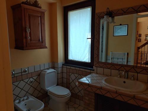 uma casa de banho com um WC, um lavatório e um espelho. em Casa Delle Coccole em Trecastagni