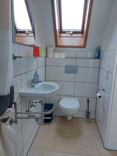 een badkamer met een wastafel en een toilet bij Gästehaus Walter in Hardt