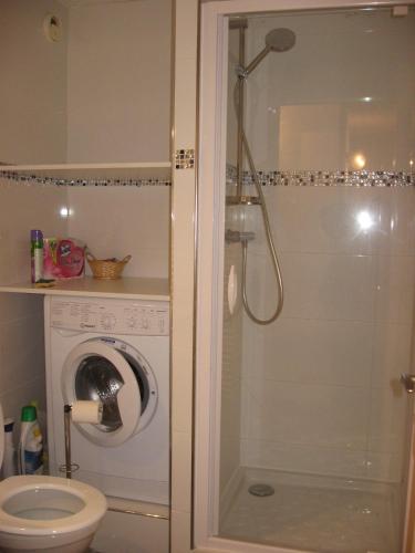 une salle de bain avec douche et machine à laver dans l'établissement T2 Arribau Praloup, à Uvernet