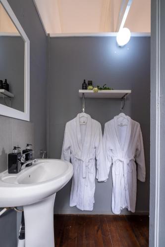 a white bathroom with a sink and a white sink at Goshen Guest Farm in Edenburg