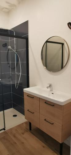 une salle de bain avec un lavabo et un miroir dans l'établissement Cœur de ville, spacieux appartement rez de jardin, à Paimpol