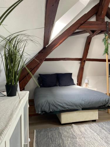 a bedroom with a bed in a attic at Studio Centre-ville - Tout équipé in Bourges