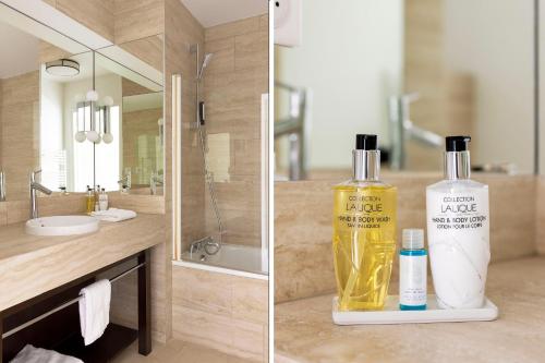 two pictures of a bathroom with a bottle of alcohol at Le Plessis Grand Hotel in Le Plessis-Robinson