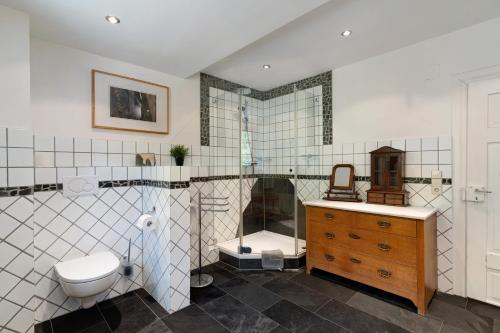 a bathroom with a toilet and a shower and a sink at Haus Löwen in Forbach