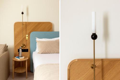 two pictures of a bedroom with a bed and a lamp at Le Plessis Grand Hotel in Le Plessis-Robinson