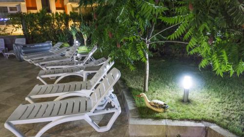 a duck sitting in the grass next to a group of chairs at Darius HSTL in Sunny Beach