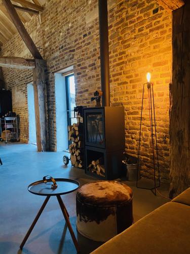 a living room with a couch and a table and a fireplace at Hoeve Appartement aan de rand van Maastricht met natuurzwembad in Berg en Terblijt
