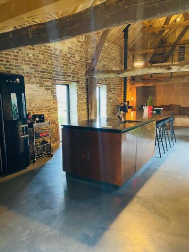 a kitchen with a counter with a sink in a room at Hoeve Appartement aan de rand van Maastricht met natuurzwembad in Berg en Terblijt