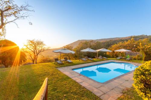 a swimming pool in the middle of a yard at Chestnut Country Lodge in Hazyview
