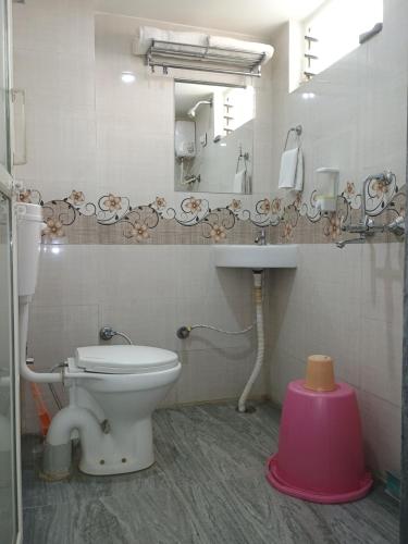 a bathroom with a toilet and a sink and a mirror at CHOUDHARY WHITE HOUSE Udaipur in Udaipur