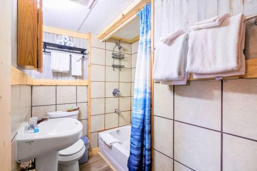 a bathroom with a sink and a toilet and a shower at 8 Private room in heart of Leadville dog friendly in Leadville