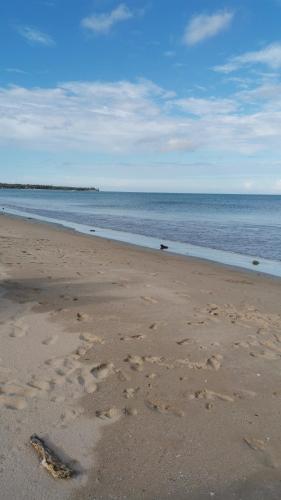 a beach with footprints in the sand and the ocean at BEACH LIFE UPPUVELI in Trincomalee