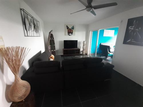 ein Wohnzimmer mit einem schwarzen Sofa und einem TV in der Unterkunft Appartement spacieux moderne lumineux avec grand jardin dans résidence avec piscine in Le Gosier