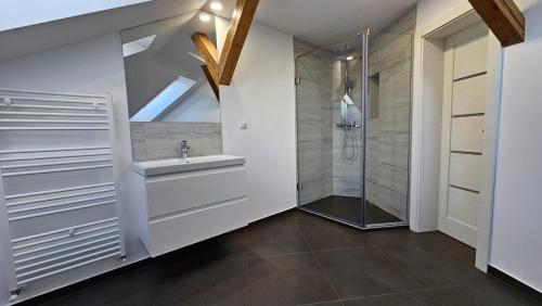 uma casa de banho com um lavatório e um chuveiro em YFB I 130m2 Designwohnung mit 2 Bädern em Gera