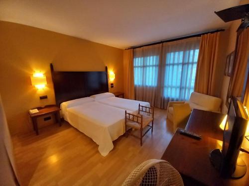 una habitación de hotel con una cama grande y una silla en Hotel Cotiella, en Campo
