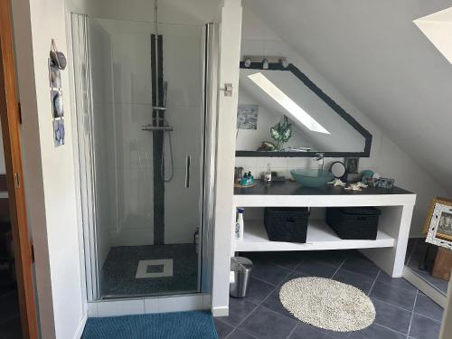 a bathroom with a shower with a glass door at Villa JO 2024 in Buc