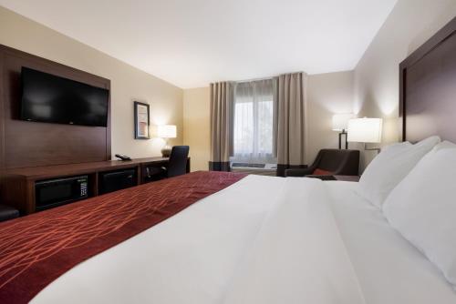 a hotel room with a bed and a flat screen tv at Comfort Inn Onalaska - La Crosse Area in Onalaska