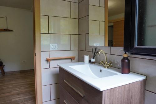 a bathroom with a sink and a mirror at El Cedro Cottage Home in Hermigua