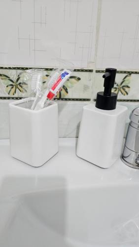zwei Zahnbürsten in weißen Behältern auf der Badezimmertheke in der Unterkunft 1 комн. квартира центр in Semei
