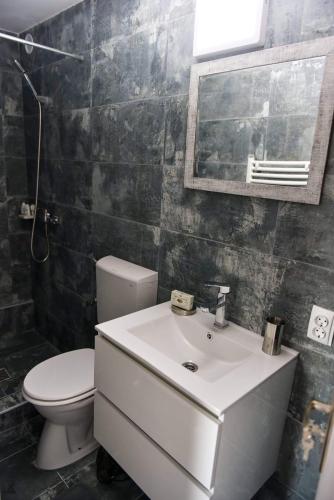 a bathroom with a white sink and a toilet at UpForest Guesthouse in Călimăneşti