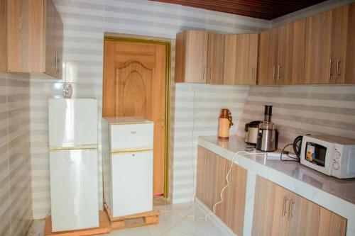 a kitchen with a white refrigerator and a microwave at Kigali bright housse in Kigali