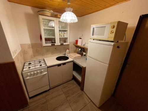een keuken met een witte koelkast en een magnetron bij U Gerešů in Zadov
