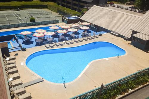 an overhead view of a large swimming pool with chairs and umbrellas at Moon River Lodge in Lincoln