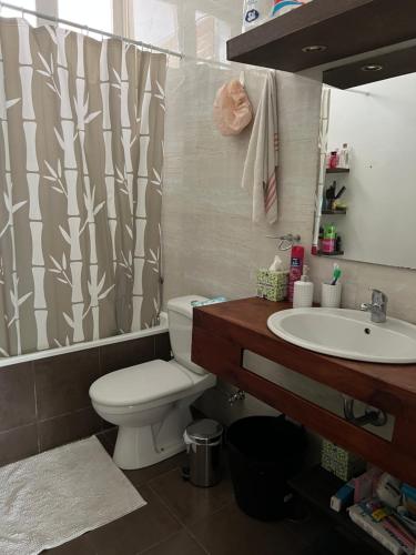 a bathroom with a toilet and a sink at Ponta Mina Room in São Tomé