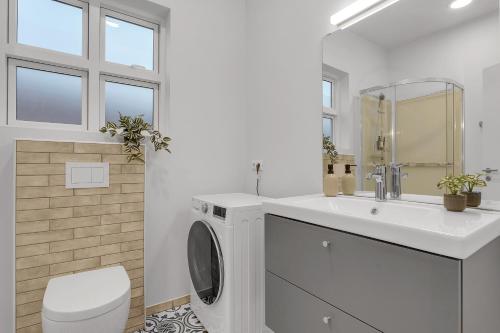 ein weißes Badezimmer mit einem Waschbecken und einer Waschmaschine in der Unterkunft Capital Luxury Apartments in Reykjavík