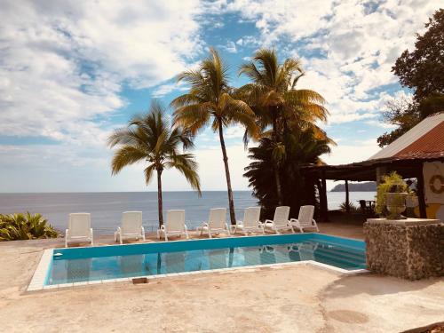 a swimming pool with chairs and the ocean in the background at OceanFront Bungalows - Paradise Rentals in Santa Catalina